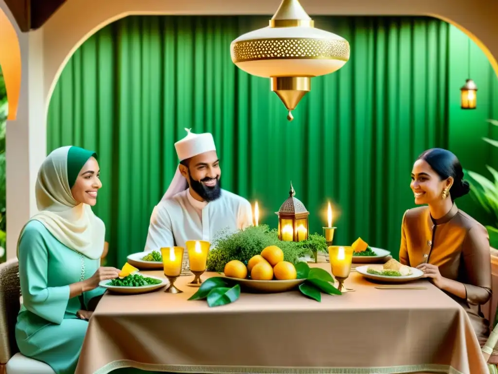 Una familia rompiendo el ayuno durante el Ramadán en un entorno tradicional y ecológico