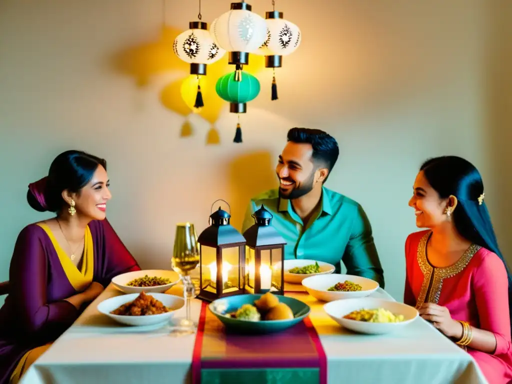 Una familia disfruta de una cena festiva durante el Ramadán, compartiendo sonrisas y momentos especiales