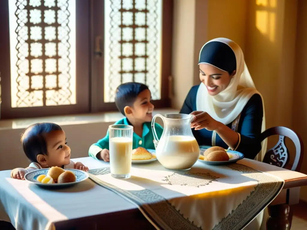 Una familia disfruta de una comida con leche Halal, reflejando la importancia nutricional de la leche Halal en tradiciones islámicas