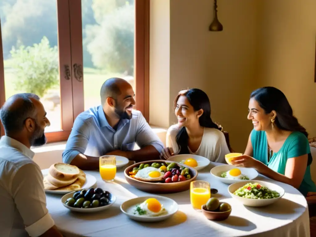 Una familia disfruta de un desayuno tradicional alrededor de una mesa, con una cálida atmósfera de vida diaria musulmán contemporáneo