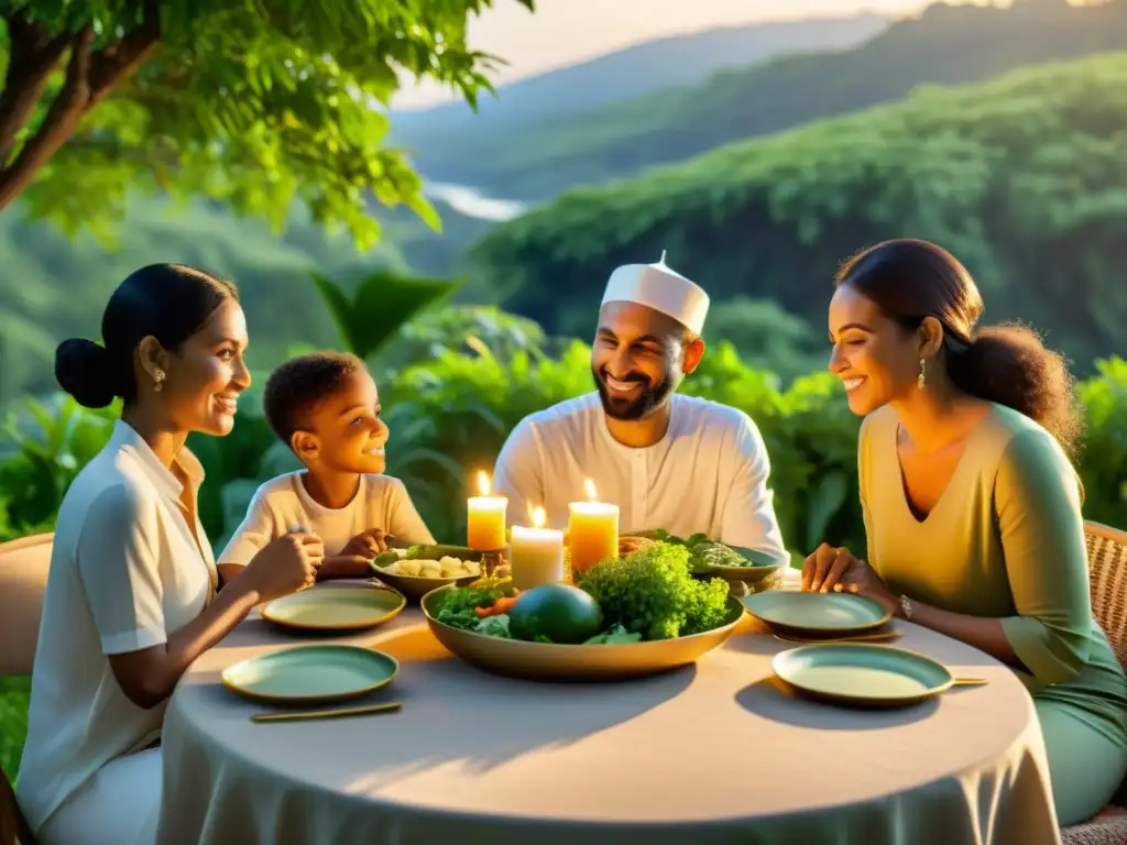 Una familia disfruta de un Iftar ecológico al atardecer, siguiendo consejos para un Ramadán ecológico, en un entorno natural y pacífico