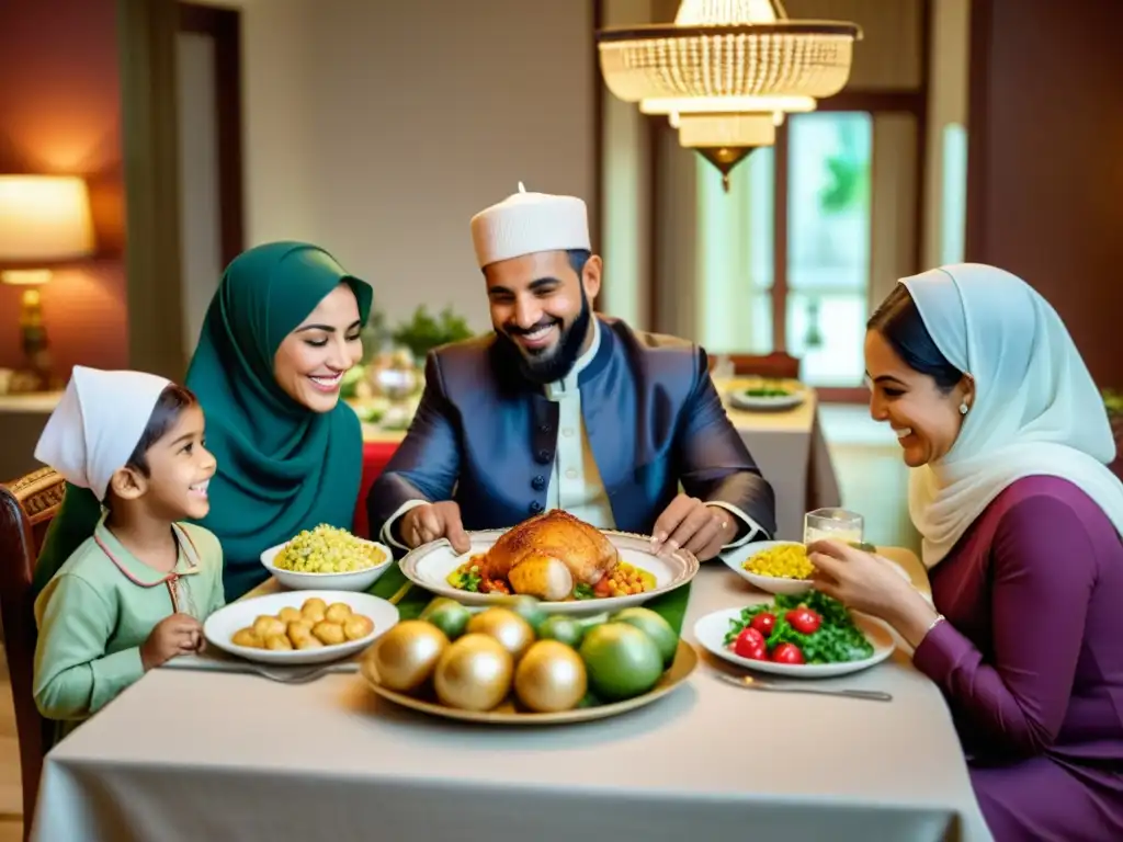 Una familia islámica disfruta de una comida juntos, creando un ambiente cálido y unido