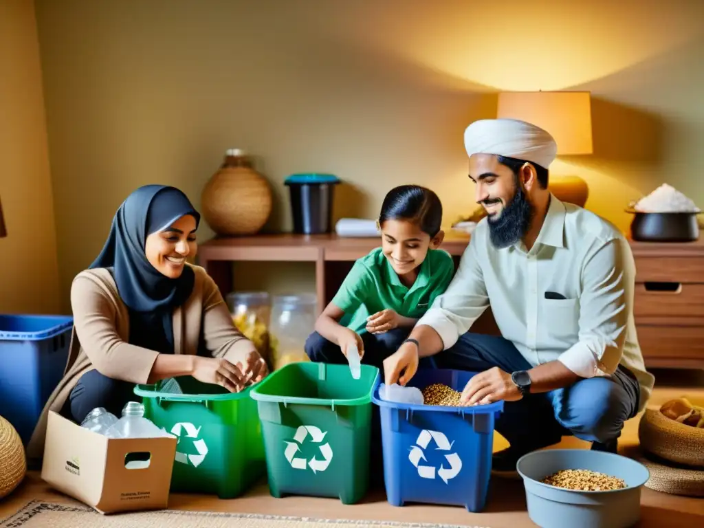 Una familia musulmana realiza prácticas ambientales en su hogar, mostrando compromiso con la conservación del medio ambiente en su vida cotidiana