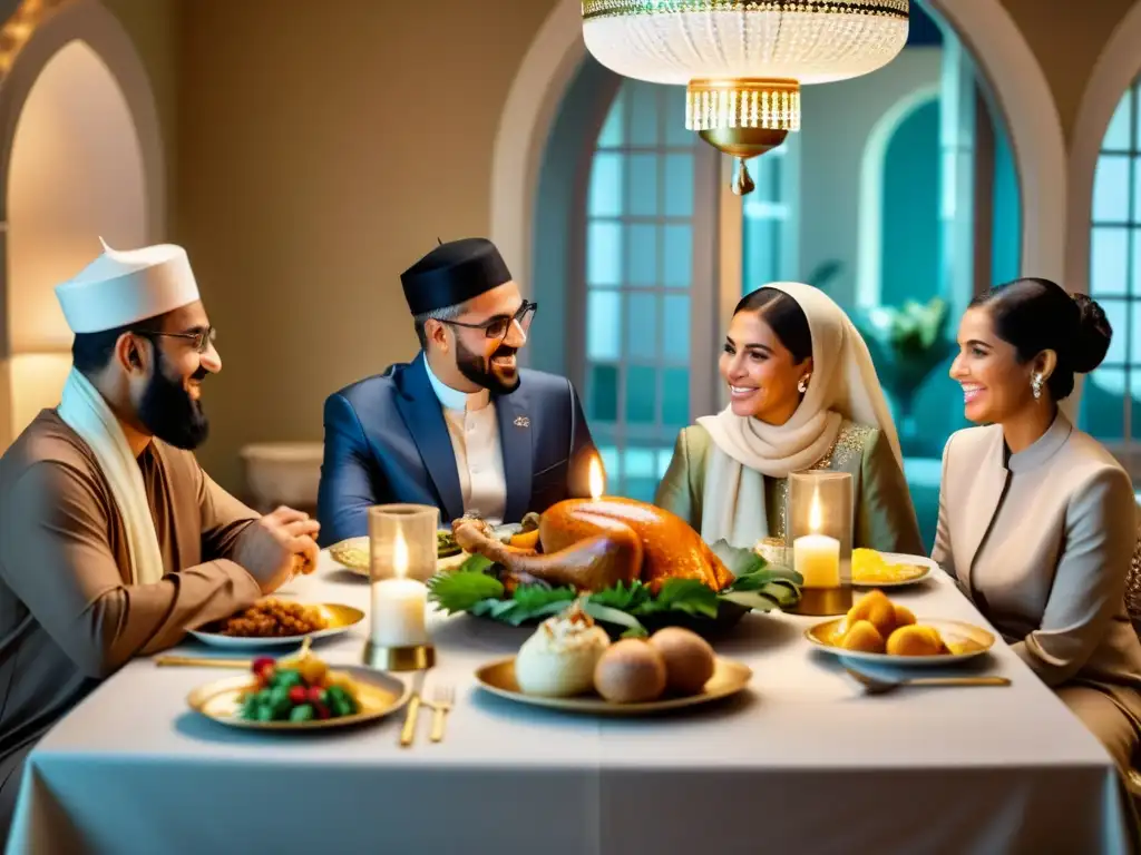 Una familia musulmana reunida alrededor de una mesa durante el Ramadán, compartiendo la Unidad familiar en el Islam con calidez y alegría