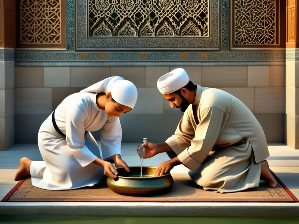 Ritual de Wudu: Familia Musulmana en Devoción Una familia musulmana realiza el ritual de wudu con devoción y paz