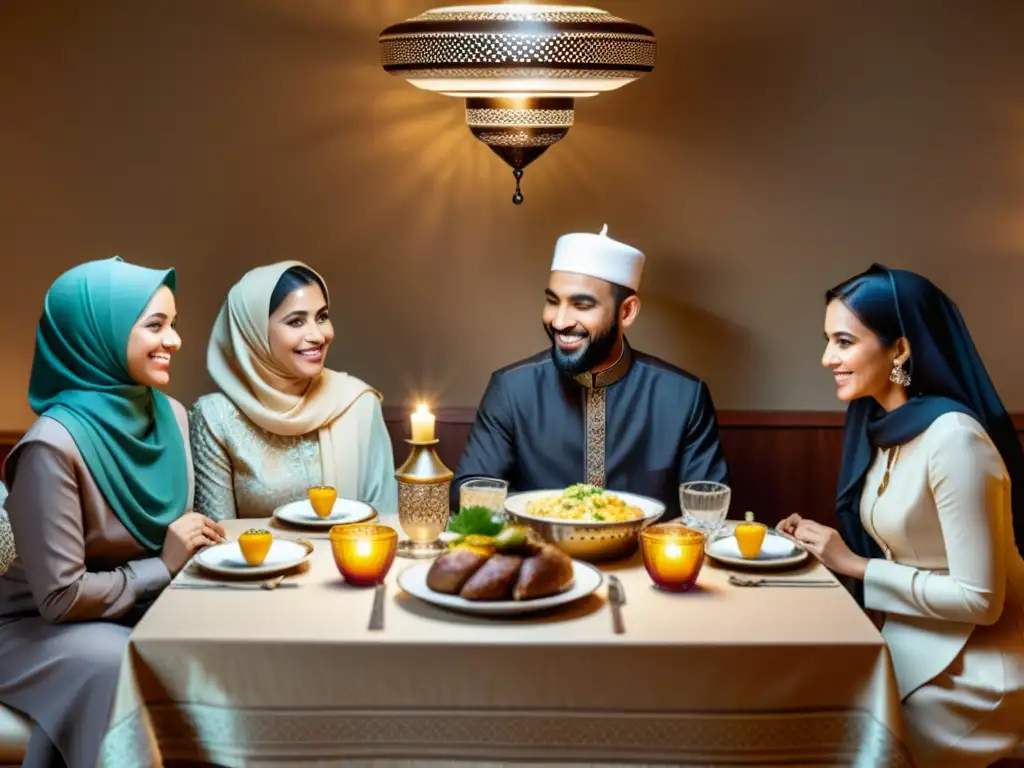 Una familia musulmana unida disfruta de una comida en una mesa decorada con patrones islámicos