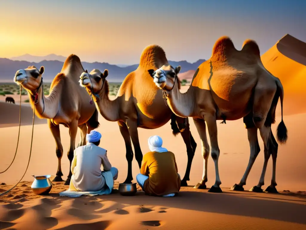 Una familia nómada islámica ordeña camellos al atardecer en el desierto