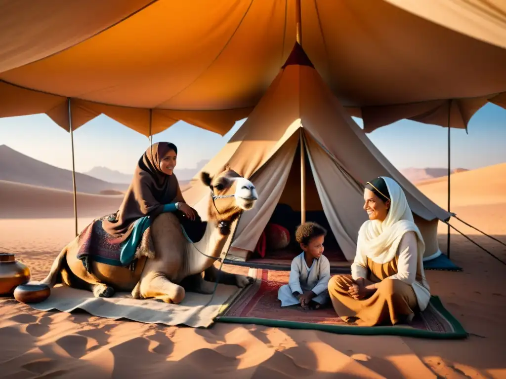 Una familia nómada islámica en el desierto ordeña a un camello mientras los niños juegan