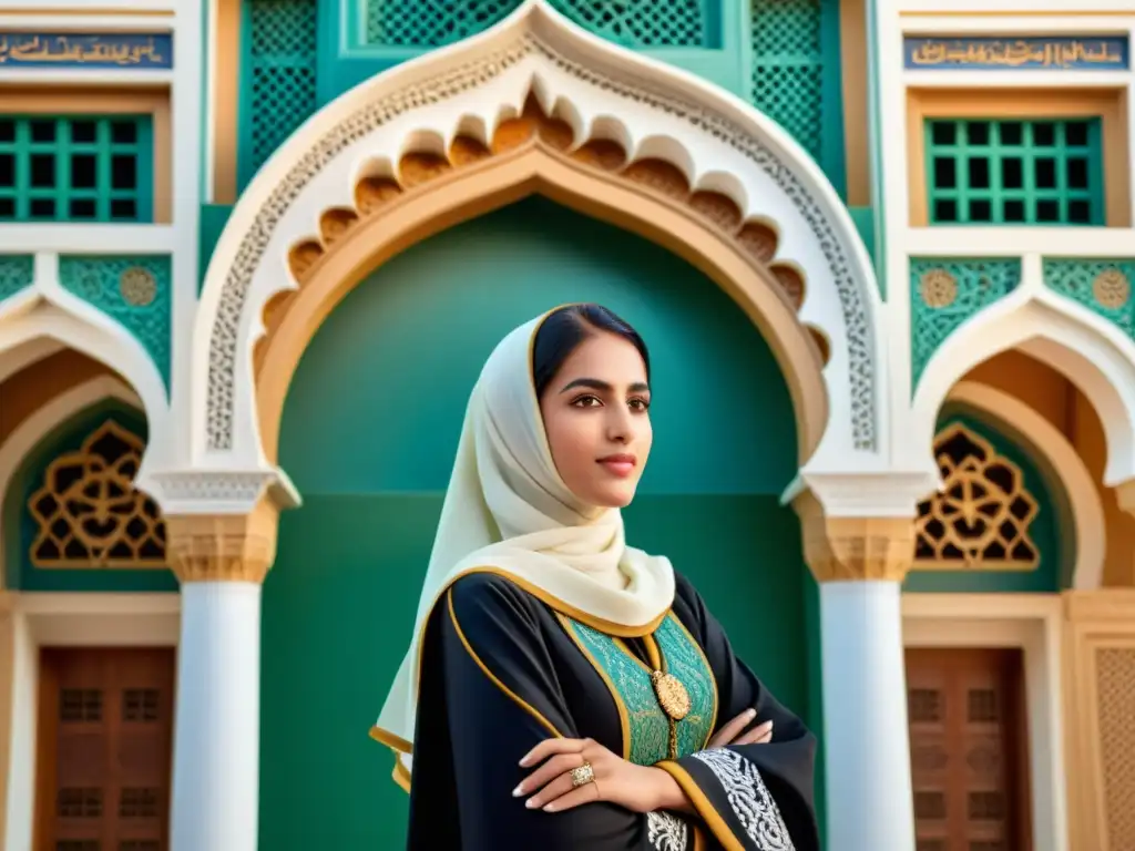 Fatima al Fihri fundadora de la universidad más antigua, retratada con detalles realistas frente a la Universidad de Al Qarawiyyin, resaltando su espíritu pionero y la rica historia del lugar