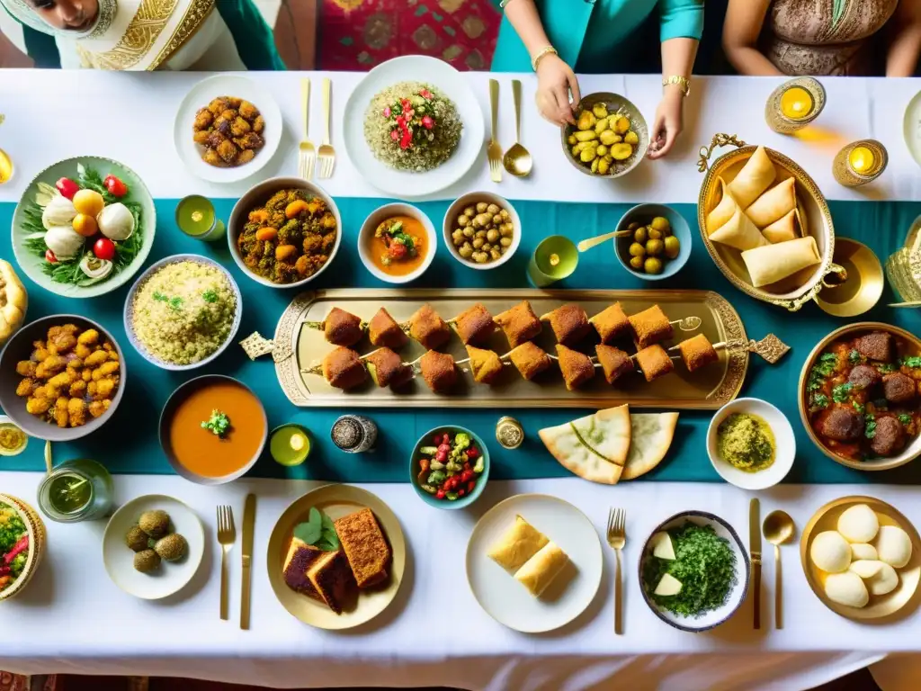 Un festín de Eid con platos tradicionales de todo el mundo, rodeado de personas felices compartiendo la celebración