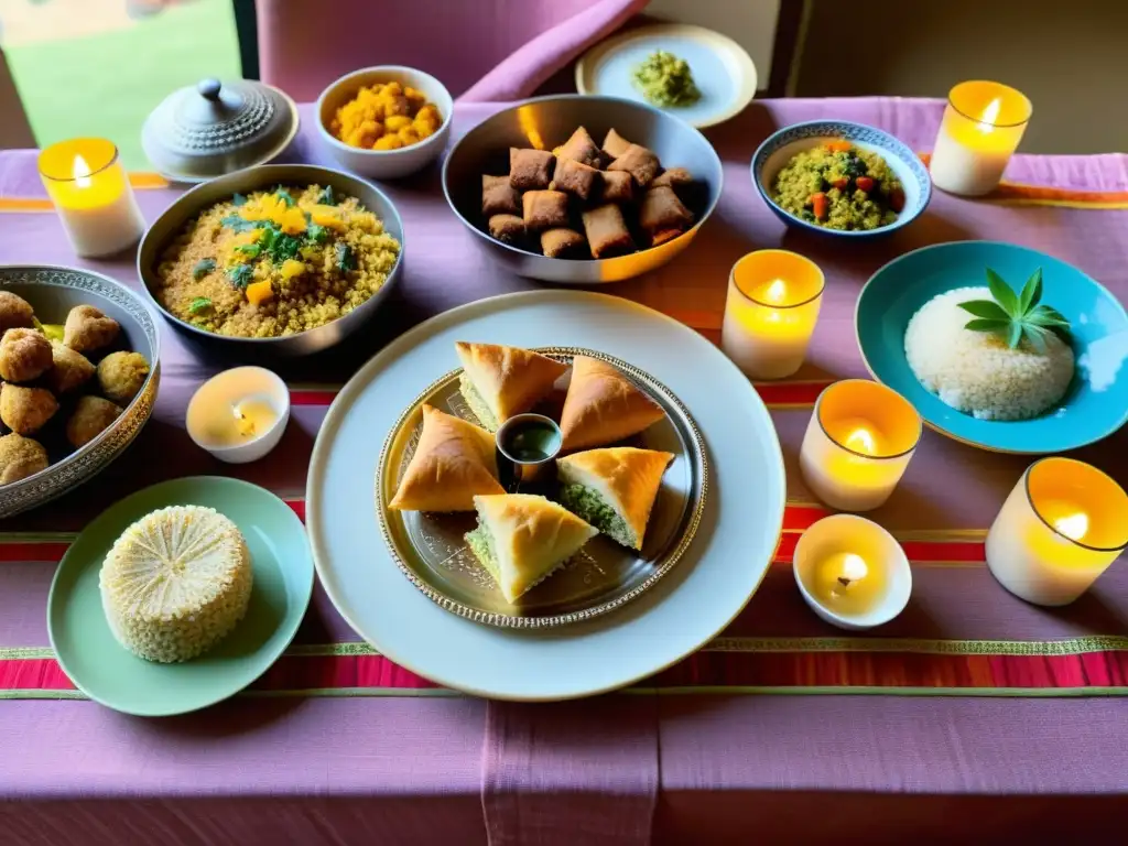 Un festín de Eid con platos tradicionales de distintas culturas, rodeado de colores, aromas y alegría compartida