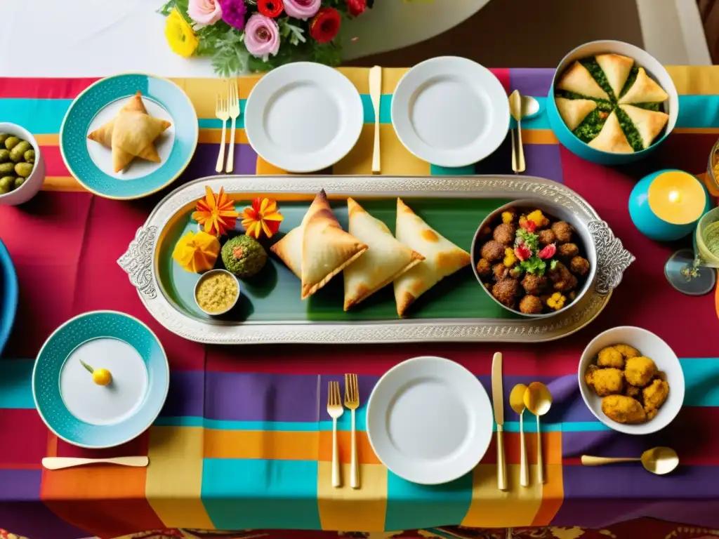 Un festín de Eid con platos tradicionales, decoración colorida y ambiente festivo