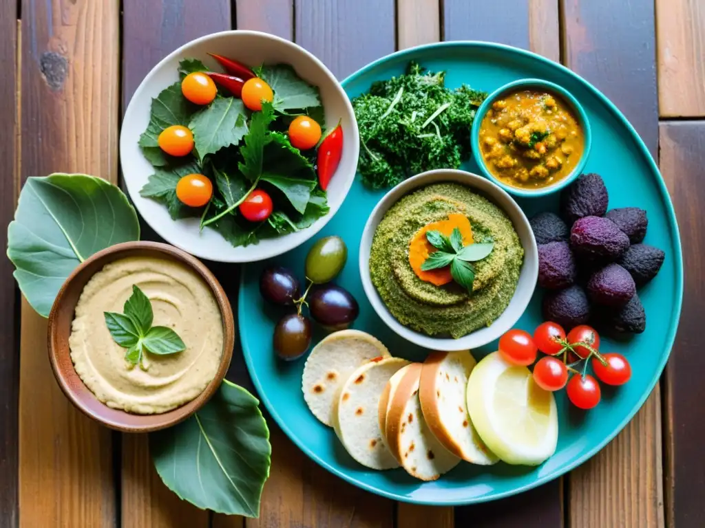 Un festín de mezze colorido y hermosamente dispuesto en una mesa rústica con azulejos mediterráneos al fondo, reflejando la tradición del mezze en Oriente Medio