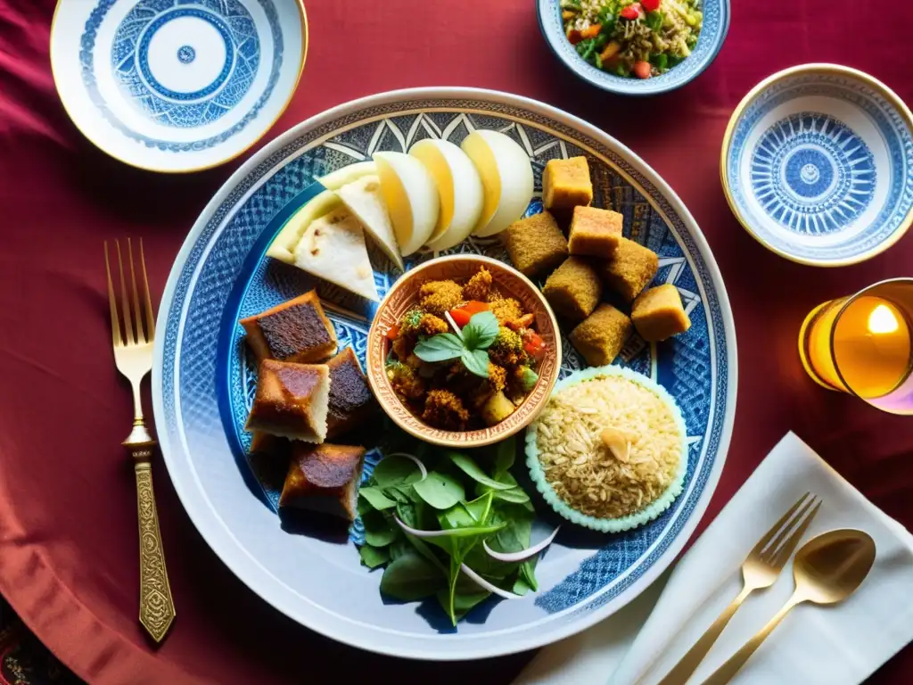 Un festín de platos coloridos y aromáticos de Oriente Medio y Asia Central, rodeado de textiles y patrones islámicos