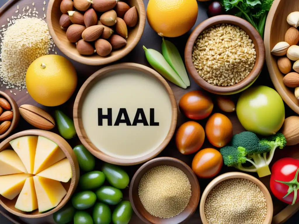 Un festín de productos Halal frescos y coloridos, resaltando sus beneficios nutricionales