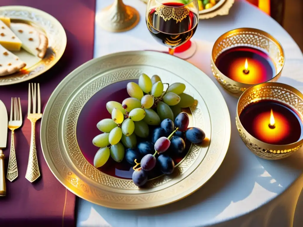 Un festín tradicional islámico con vinos sin alcohol, exquisitamente decorado y bañado en cálida luz dorada