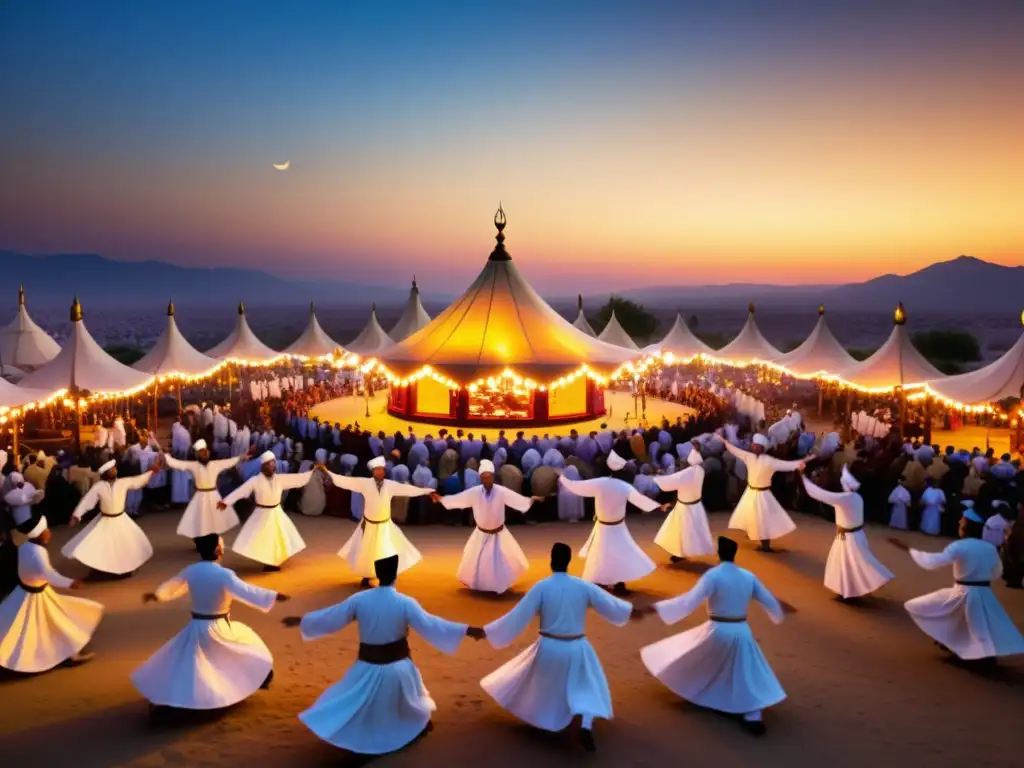 Un festival sufí tradicional al anochecer, con derviches girando, músicos y espectadores inmersos en la celebración espiritual