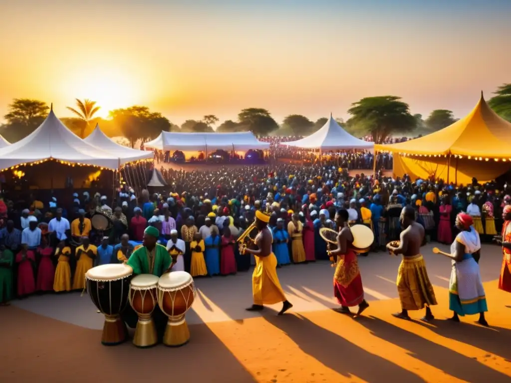 Un festival de música vibrante y colorido en África occidental, con influencia islámica en la música africana y una atmósfera festiva llena de vida