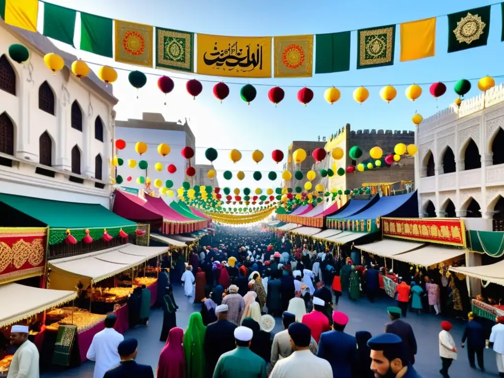 Festividades islámicas en tierras no musulmanas: bulliciosa calle llena de coloridas decoraciones, gente de todas las edades y orígenes celebrando Mawlid anNabi