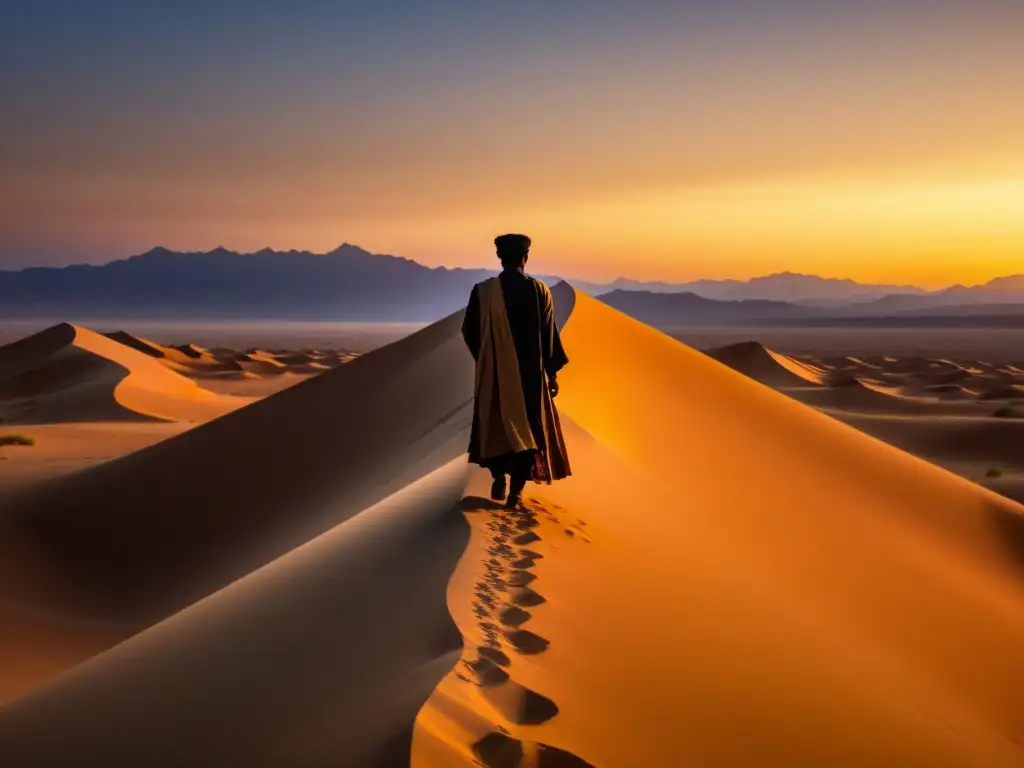 Figura Sufi en paisaje desértico al atardecer, conectando con la universalidad del mensaje literatura sufí