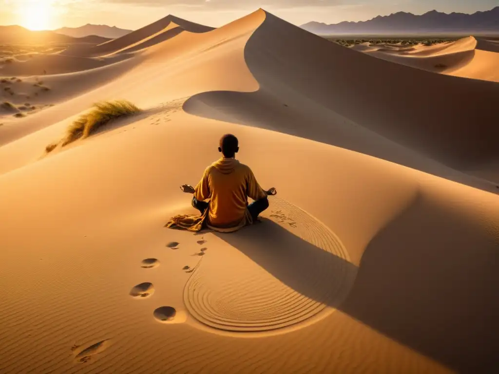 Figura meditando en paisaje desértico con significado símbolos poesía sufí en la arena