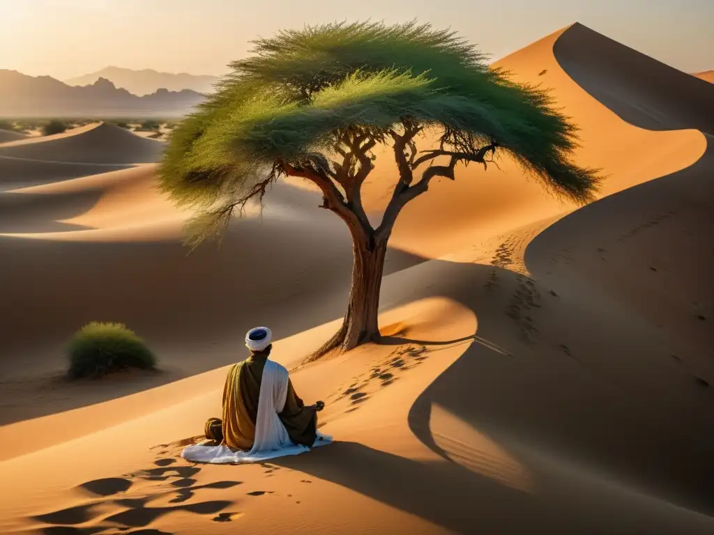 Figura solitaria medita bajo un árbol en el desierto al amanecer, reflejando el enfoque sufí de la poesía Ibn alFarid