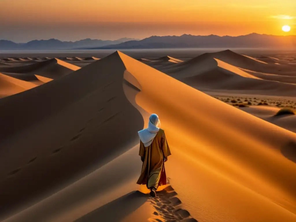 Una figura solitaria contempla el atardecer dorado en el desierto, evocando la poesía de la nostalgia en el Islam