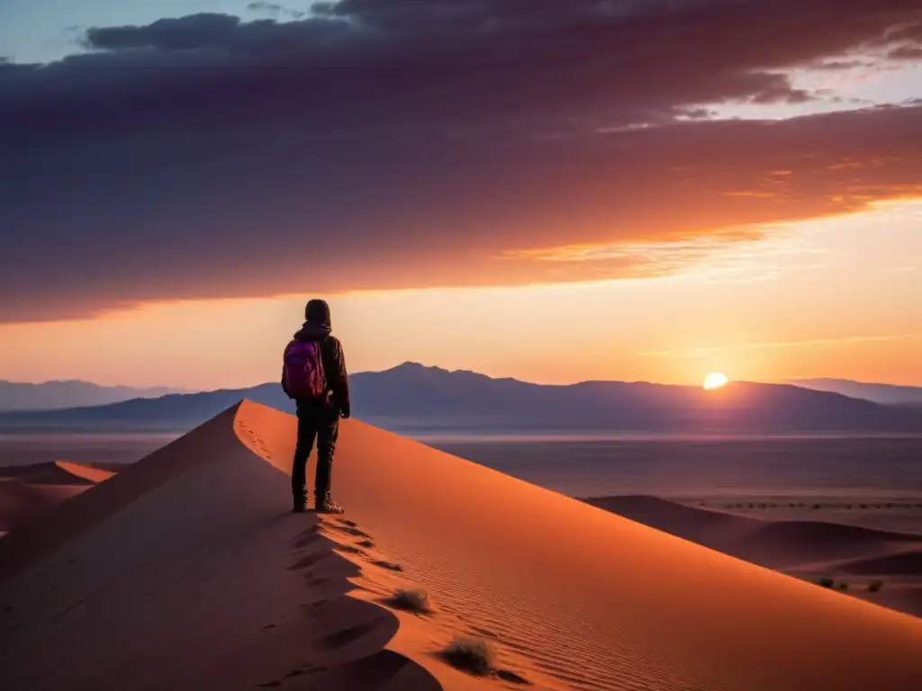 Figura solitaria reflexiona en desierto al atardecer, evocando el significado de soledad y filosofía Al-Ma'arri