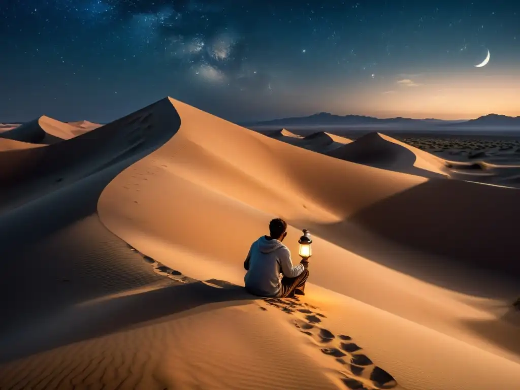 Figura solitaria escribiendo poesía bajo la luna en un paisaje desértico, evocando la influencia de la poesía sufí en la literatura contemporánea