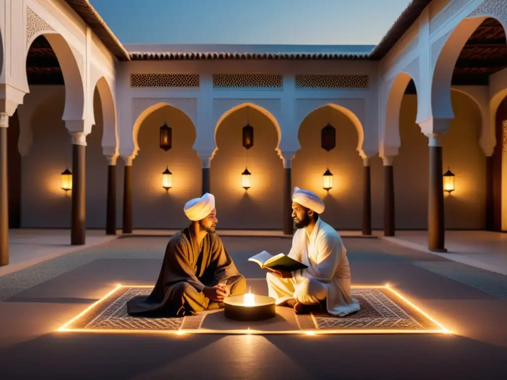 Dos figuras en un patio iluminado por la luna, evocando amor y sabiduría sufí