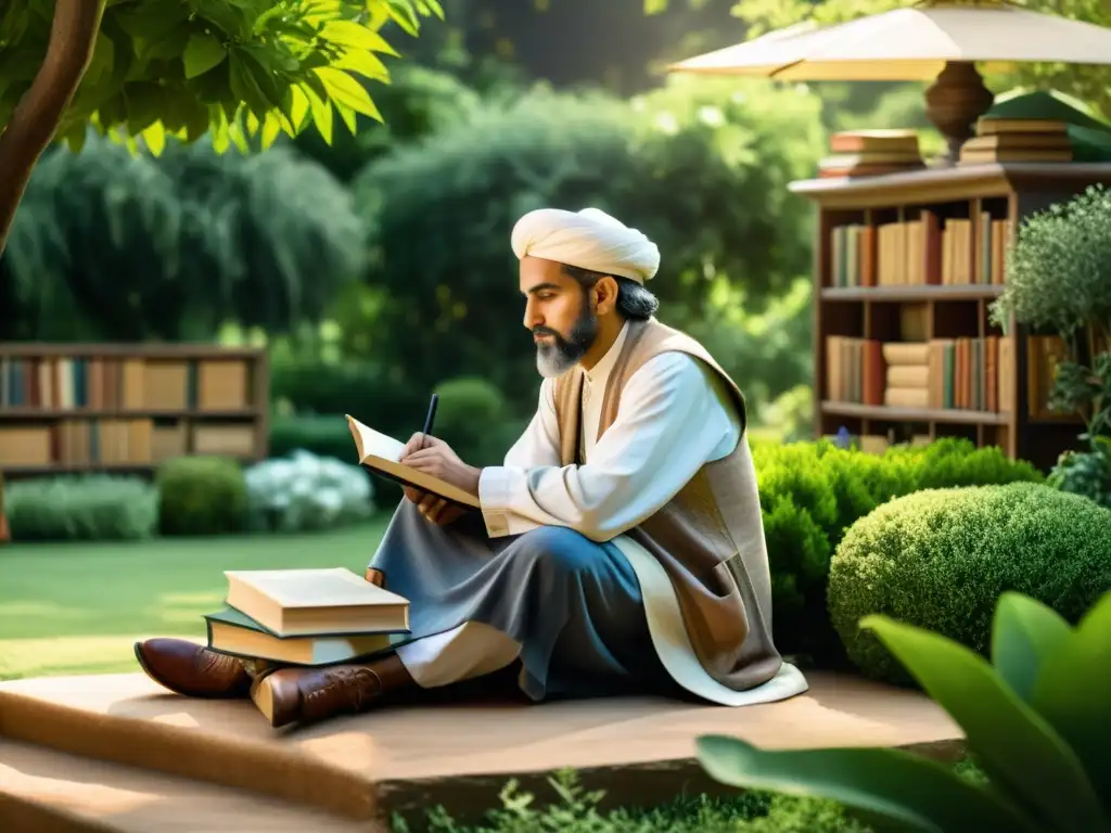 Ibn Hazm reflexiona sobre la filosofía del amor en un jardín tranquilo al atardecer