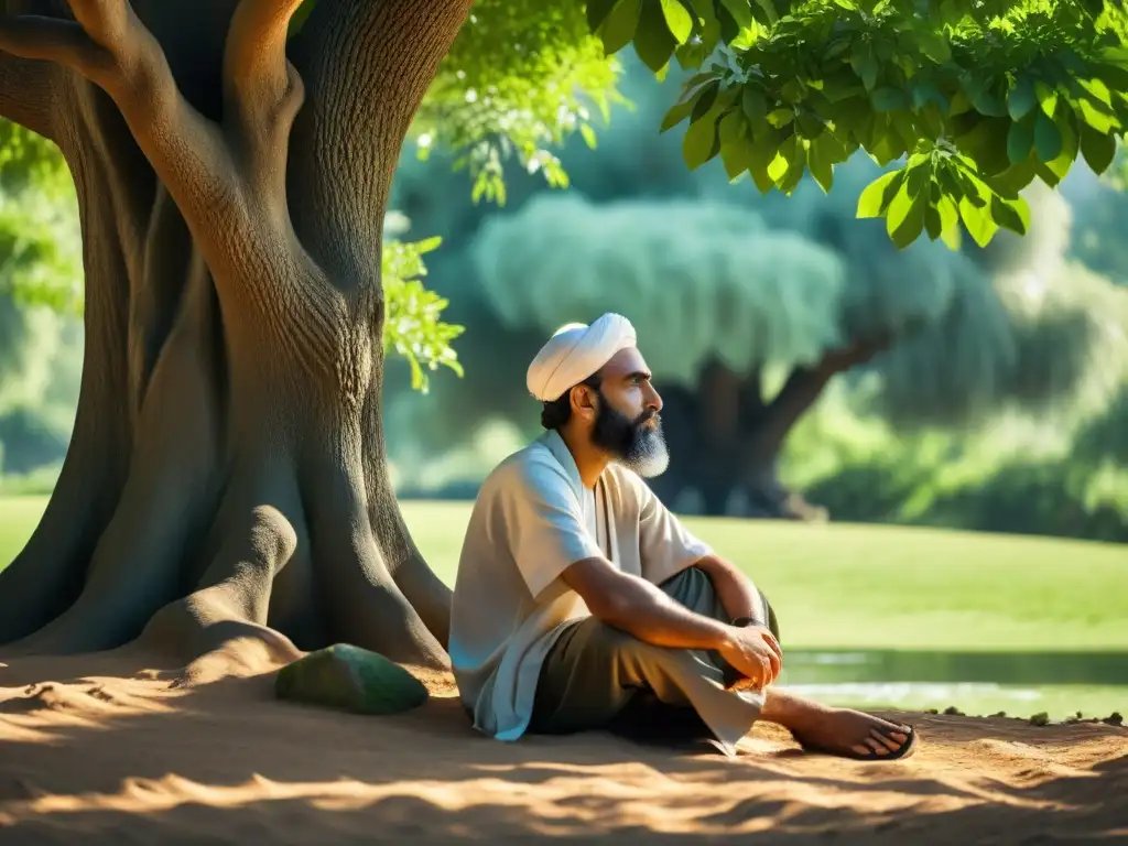 Filósofo Hayy ibn Yaqzan en contemplación Filósofo islámico en contemplación bajo árbol en oasis, buscando la verdad
