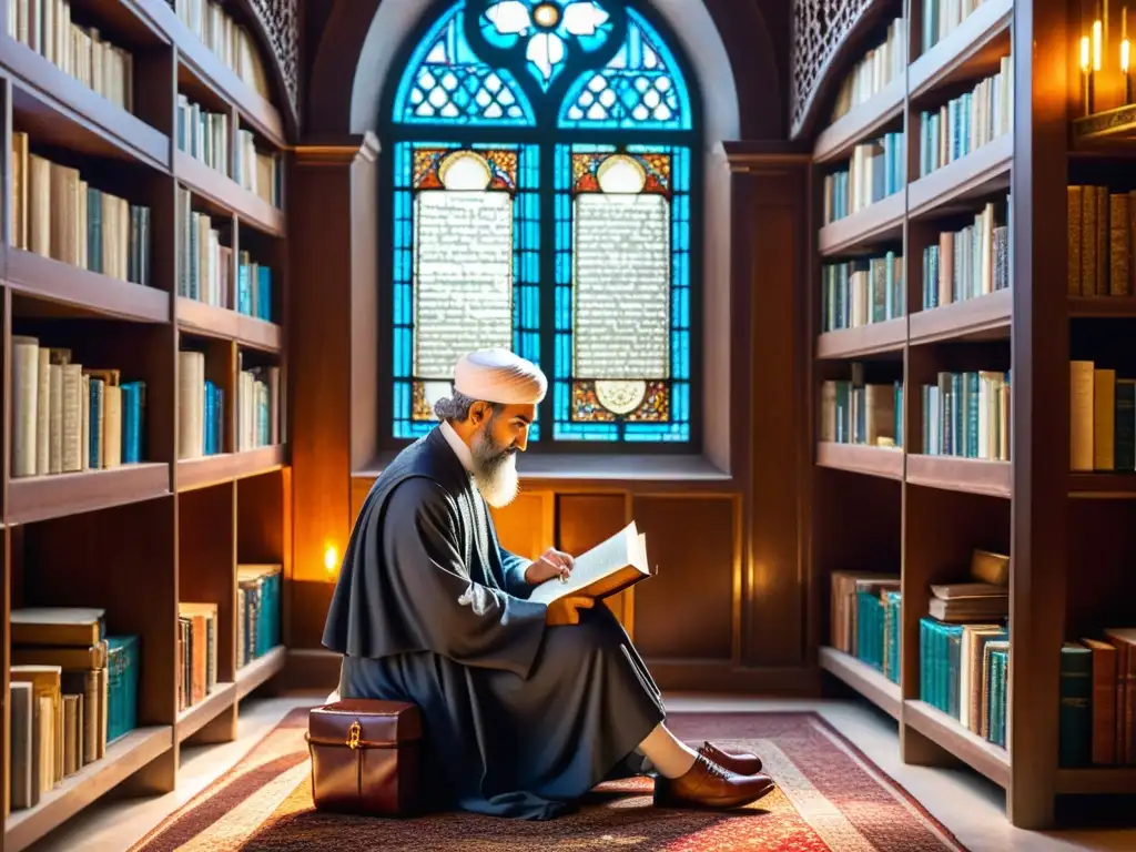 Averroes, el filósofo islámico, reflexiona en su biblioteca antigua, bañado por la cálida luz del sol