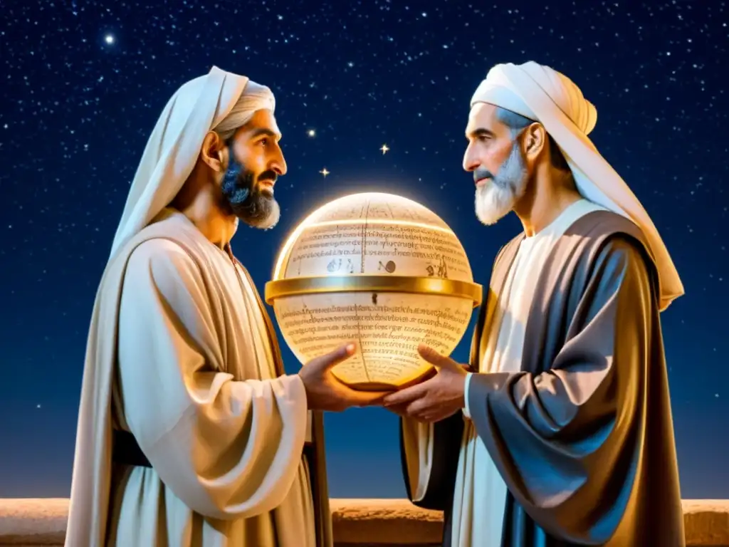 Averroes y Avicena, filósofos de la astronomía, contemplando el cielo estrellado con asombro y admiración