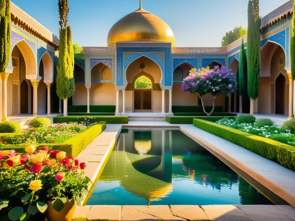 Un pacífico jardín persa con flores vibrantes, agua y palacio antiguo