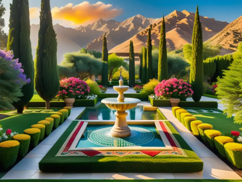 Jardín persa con flores vibrantes, fuente de mármol, cipreses y montañas al atardecer