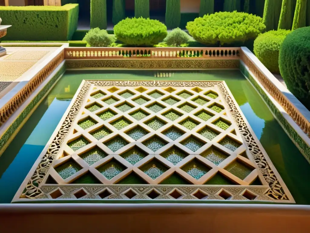 Fotorealista imagen de la Alhambra en Granada, destacando los detalles arquitectónicos islámicos y su influencia en Occidente