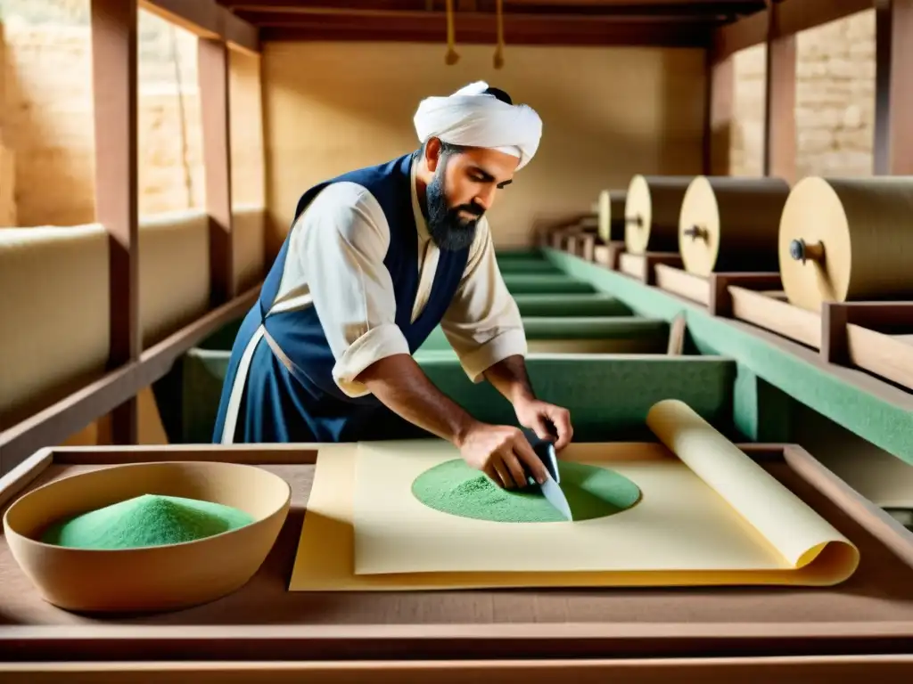 Ilustración fotorrealista de una antigua fábrica de papel en el califato abasí, destacando el intrincado proceso de fabricación de papel en el Islam