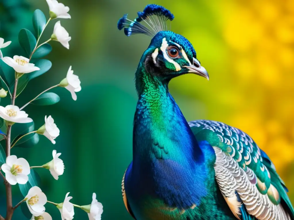 Un ilustración fotorrealista detallada de un majestuoso pavo real multicolor posado en una rama floreciente, con plumas resplandecientes bajo la luz del sol