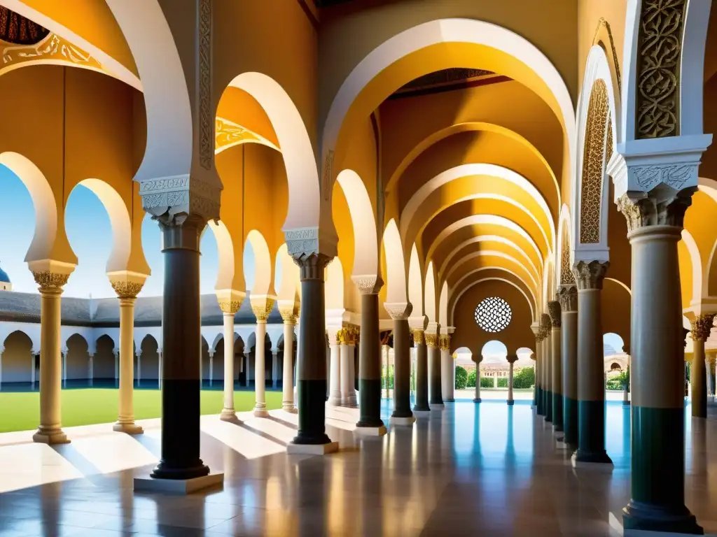 Renderización fotorrealista del Gran Mezquita de Córdoba en su apogeo cultural, con detalles impresionantes y juego de luz y sombra