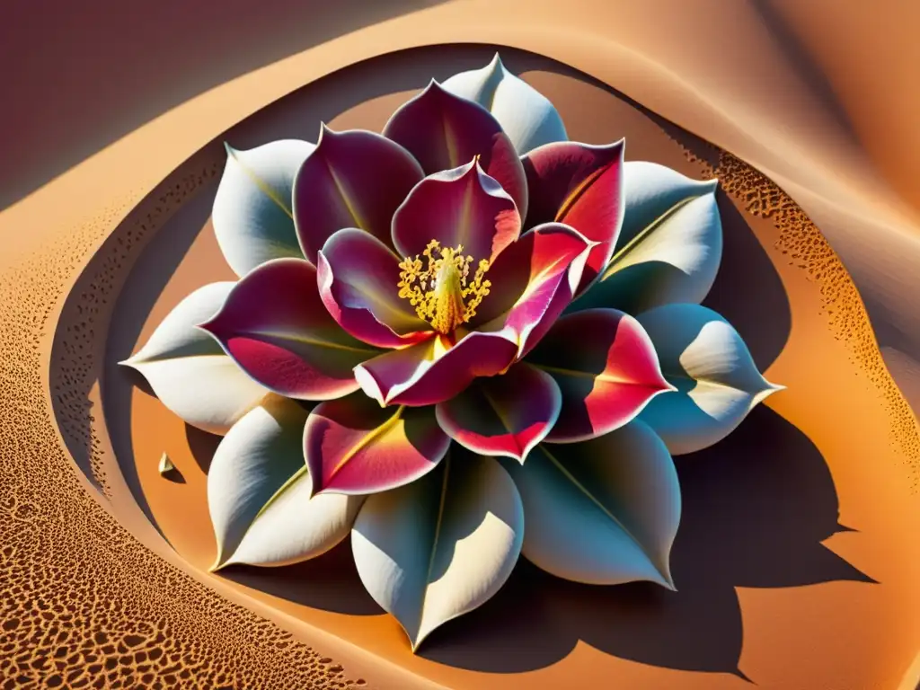 Desierto de poesía: ilustración detallada de rosa árabe Una ilustración fotorrealista de una rosa del desierto con metáforas islámicas en poesía mundial, sus delicados pétalos desplegándose en tonos de carmesí, oro y marfil sobre un fondo de remolinos de arena del desierto