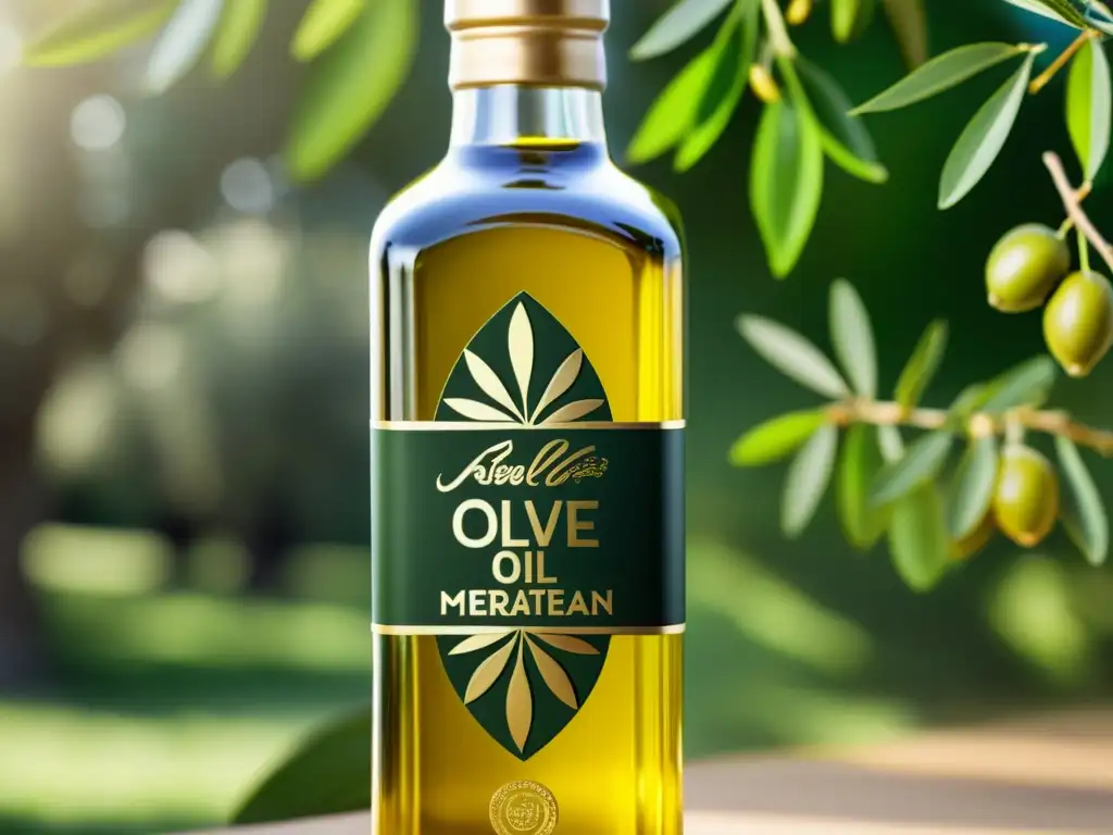 Un frasco de aceite de oliva dorado brilla bajo el sol mediterráneo, rodeado de olivares exuberantes