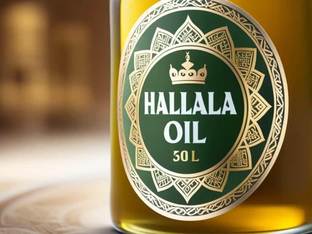 Un frasco de aceite de oliva halal certificado, con caligrafía árabe y patrones islámicos, refleja la luz cálida en un bullicioso mercado