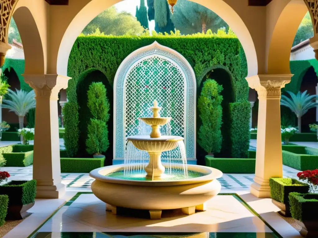 Fuente de mármol con caligrafía árabe en jardín exuberante de Córdoba, reflejo del apogeo cultural de Córdoba