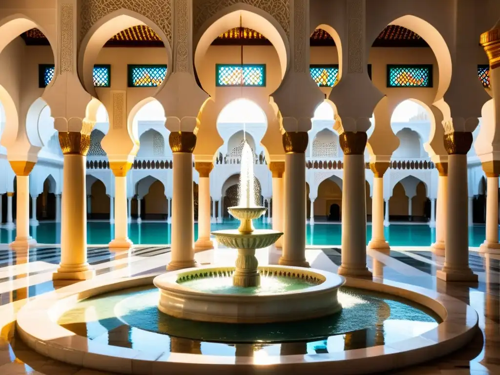 Fuente de mármol en mezquita: agua refleja luz y arquitectura, significado espiritual del agua en mezquitas