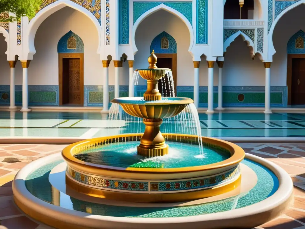 Una fuente ornamental en el patio de una mezquita histórica, con agua cristalina y arquitectura adornada con mosaicos coloridos y patrones geométricos