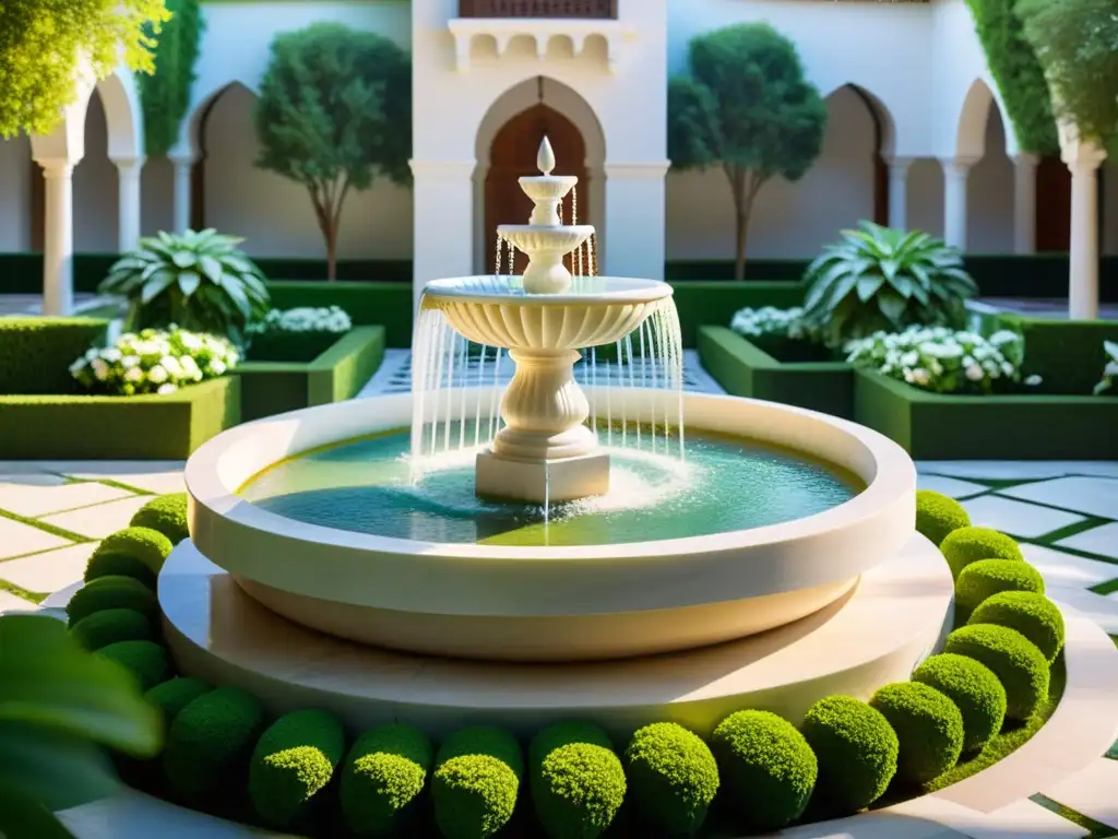 Fuente de mármol con simbolismo agua decoración islámica en un patio sereno rodeado de vegetación exuberante y luz filtrada