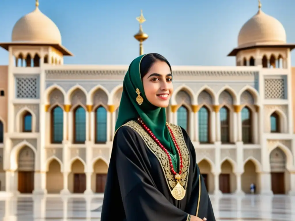 Fatima alFihri, fundadora de la universidad más antigua, irradia sabiduría y confianza ante la Universidad de Al Qarawiyyin, destacando su legado histórico