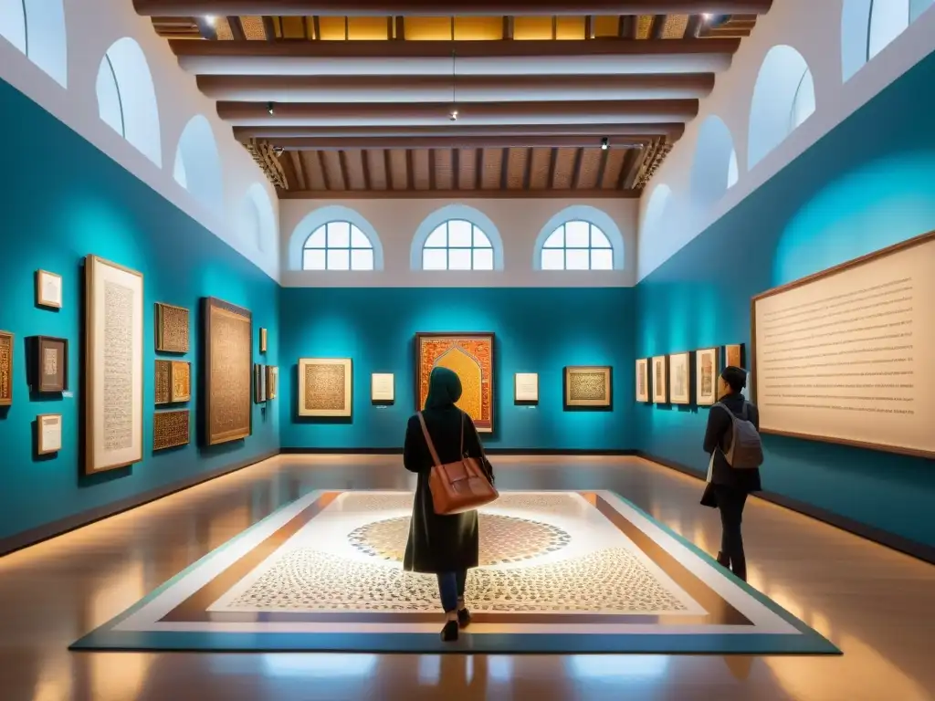 Una galería de arte bulliciosa llena de vibrante arte islámico en movimiento, con caligrafía intrincada, mosaicos coloridos y diseños arquitectónicos impresionantes, visitantes admirando las piezas y una cálida iluminación que crea una atmósfera inmersiva y acog