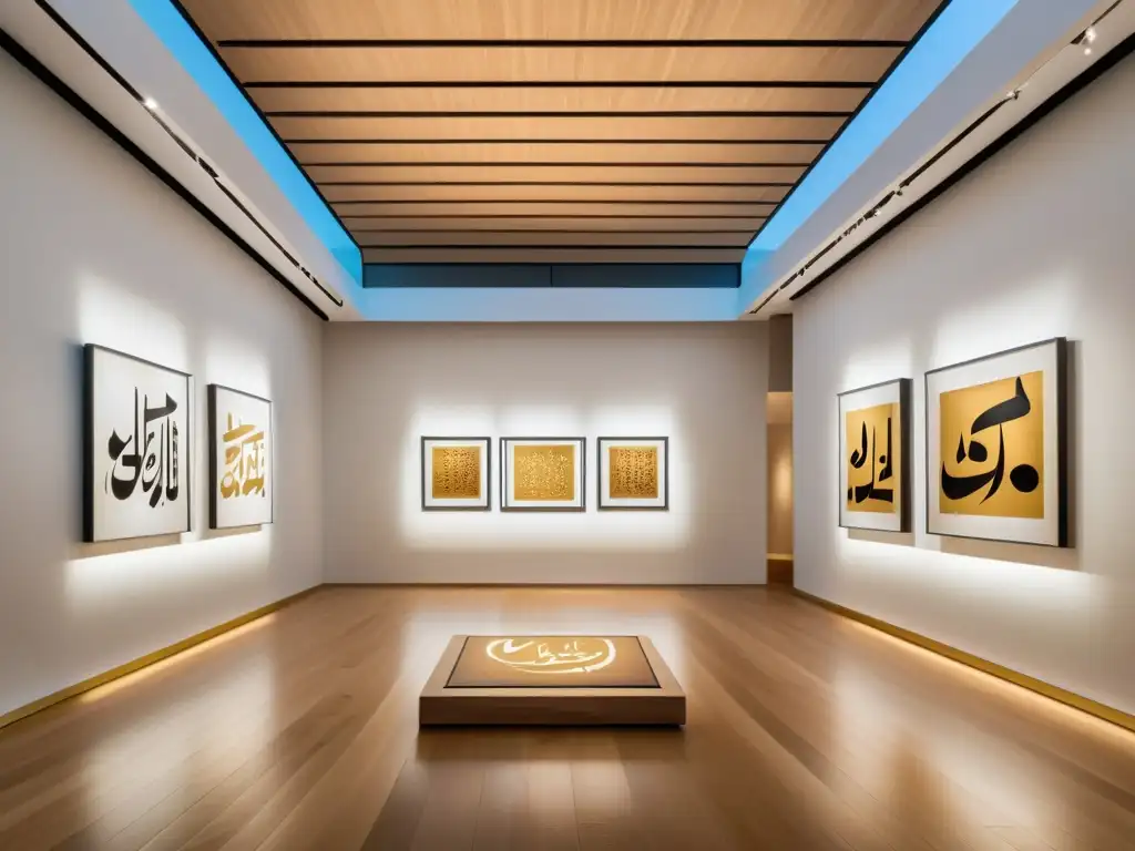 Una galería de arte contemporáneo con caligrafía árabe reinventada en enormes lienzos, iluminada por luz dorada y con un ambiente de reverencia